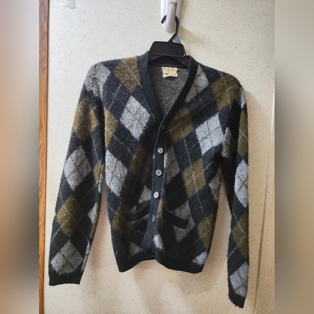 Vintage The Leader Grandpa Sweater Argyle Small 100% Virgin Acrylic Orion MS USA